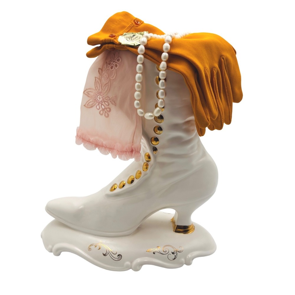 Vintage Victorian Ceramic Boot Vase Stetson Gloves and REAL Pearl Bundle Set